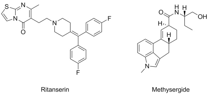 Structural formulas of ritanserin and methysergide.
