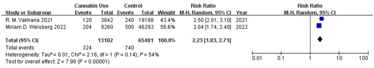 Forest plot of the risk of postoperative transfusion between patients with or without a history of cannabis use after total knee or hip arthroplasty. CI, confidence interval; M–H, Mantel–Haenszel; Random, random-effects model.