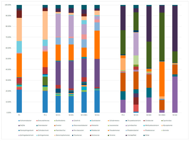 Relative abundance of bacteria at the genus level across carrot juice variants during 4 days of storage.