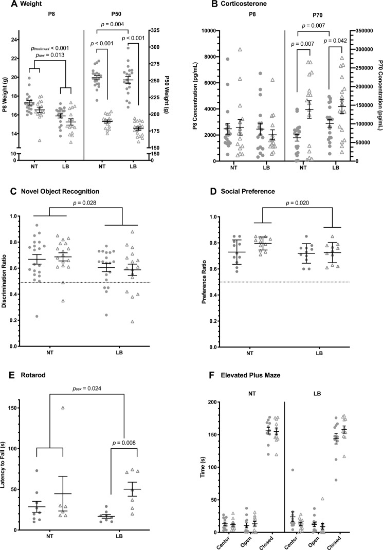 Behavioral data. (A) Weight across treatment groups (NT = no treatment; LB = limited bedding) at postnatal day 8 (P8, •=male [N = 18 NT, 18 LB], △=female [N = 15 NT, 15 LB]) and P50 (male N = 20 NT, 19 LB; female N = 17 NT, 18 LB) with individual points plotted for individual animals. (B) Corticosterone concentration at P8 (male N = 18 NT, 17 LB; female N = 15 NT, 15 LB) and P70 (male N = 20 NT, 19 LB; female N = 16 NT, 18 LB). (C) Discrimination ratio from novel object recognition across treatment groups (male N = 20 NT, 19 LB, female N = 17 NT, 16 LB). Dotted line (y = 0.5) indicates no preference, with animals above showing preference for the novel object and animals below showing preference for the familiar. (D) Preference ratio from social preference test (N = 11/group/sex). Dotted line (y = 0.5) indicates no preference, with animals above showing preference for the novel partner and animals below showing preference for the novel object. (E) Latency to fall during rotarod task (male N = 9 NT, 8 LB; female N = 6 NT, 7 LB). (F) Time spent in open, closed, and center arms of elevated plus maze (N = 11/group/sex).
