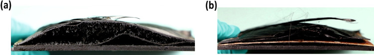 Top-view images of residues of (a) CFRP/Rubber/PEI and (b) CFRP/Ceramic/Rubber.