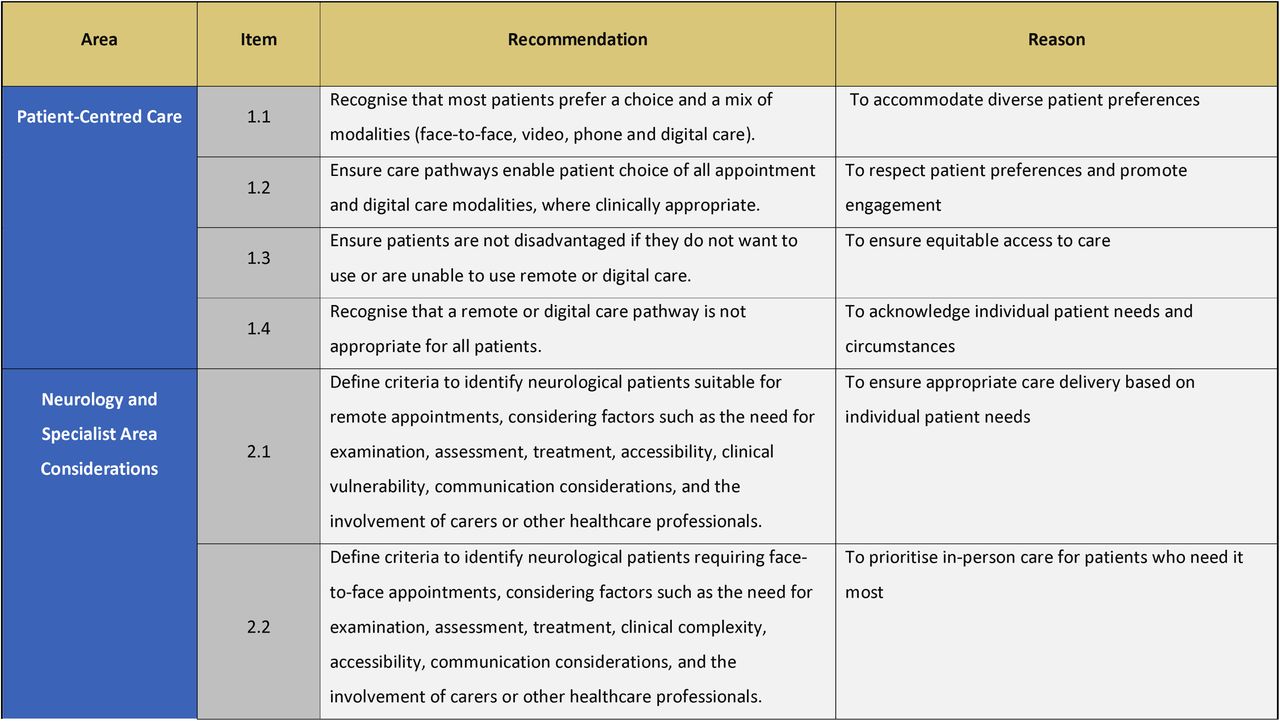 Co-produced REMOTE-Neuro recommendations and rationale.