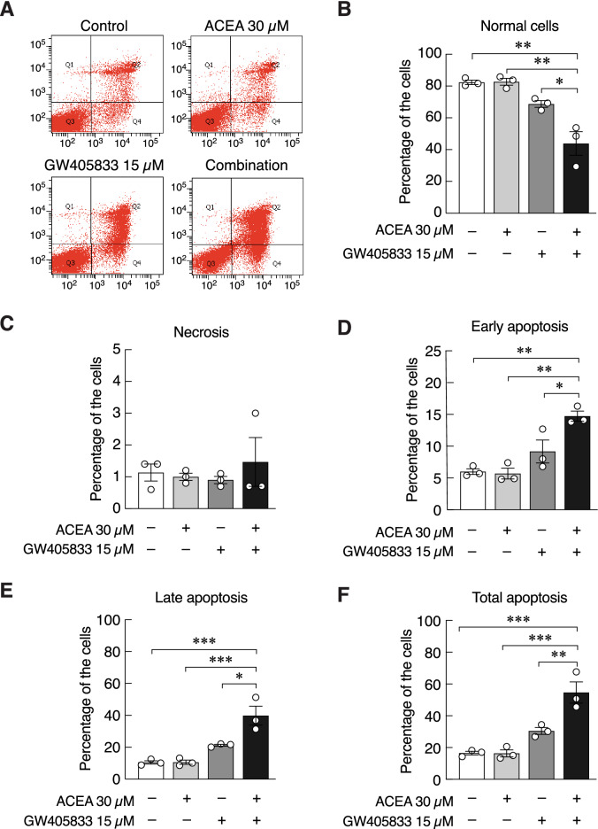 Combining effects of ACEA and GW405833 induced apoptosis in MDA-MB-231 cells (a) Apoptotic cell death in cells treated for 48 h with 30 µM ACEA, 15 µM GW405833, or a combination of both agents was analyzed by flow cytometry using Annexin-V-FITC and PI double staining. Quantified data of (b) normal cells, (c) necrosis, (d) early apoptosis, (e) late apoptosis and (f) total apoptosis, after treatment with CB receptor agonists were shown. Bar graphs represent mean ± SEM of three independent biological experiments. (***p < 0.001, **p < 0.01, *p < 0.05).