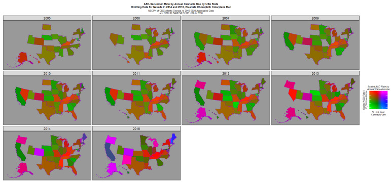 Bivariate map graph of (log) ASD rates across USA as a function of last month cannabis use (as for Figure 3) but with high rates in Nevada in 2014 and 2018 omitted and other values re-scaled appropriately to reveal the underlying trends in the next tier of states down.