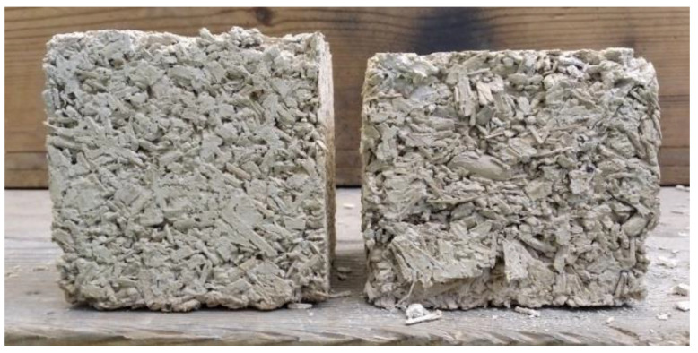 The form of destruction of composite specimen: Original sample (left), damaged sample—15% deformation (right).