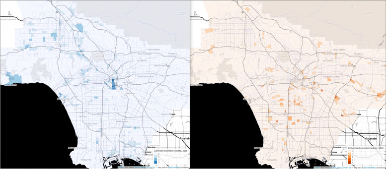 Licensed and unlicensed cannabis outlets in Los Angeles County census tracts, 2020