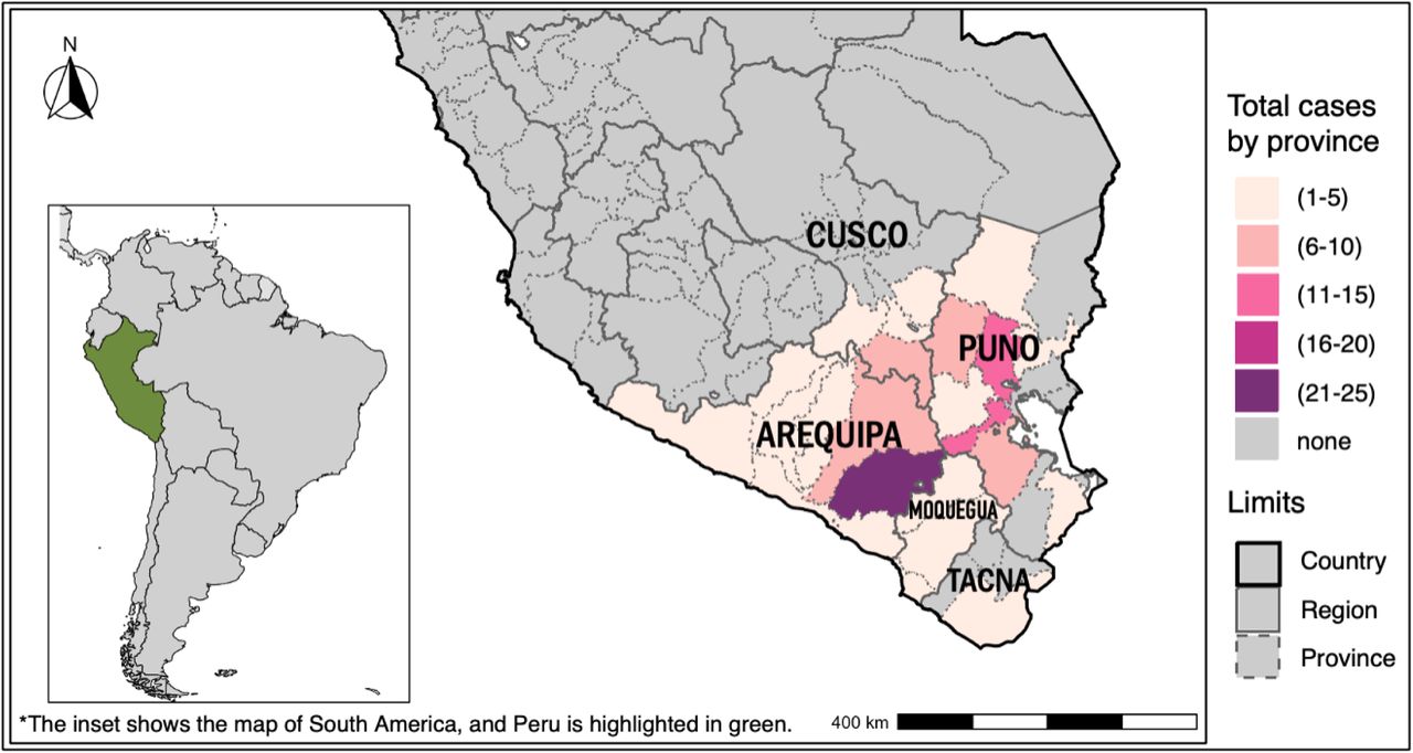 Geographical distribution of CE cases.
