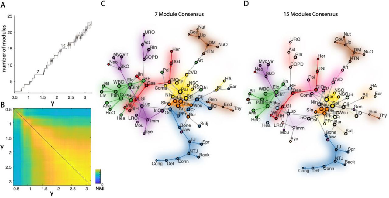 Illustration of the community structure of the medical co-morbidity network. A) Diagnostic plots showing the number of modules at different resolutions, quantified by the parameter y from Equation (1) and B) the normalized mutual information (NMI) with the community structure at other resolutions. C-D) Networks represented with a selection of illustrative edges (the minimum spanning tree and the 2% highest-weight edges) using a force-directed representation with communities labelled by color (https://www.brainnetworkslab.com/coderesources). Arrows go towards the predicted condition. Two relatively stable resolutions, with n=7 modules (C) and n=15 modules (D) are shown, using the consensus partition of all partitions at these resolutions. See Table 2 for list of abbreviations.