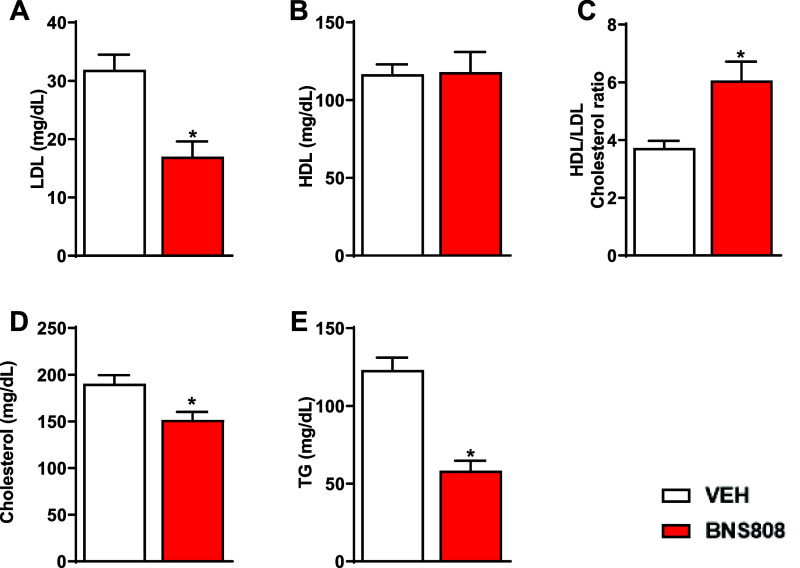 Peripheral CB1R blocker, BNS808, improves dyslipidemia. BNS808 (1 mg/kg/day for 24 days) reduced LDL levels (A) without affecting HDL levels (B), resulting in increased HDL/LDL ratio (C). BNS808 also reduced total cholesterol (D) and triglycerides (E) levels. Data represents the mean ± SEM from 6 mice per group. *P < 0.05 vs vehicle-treated control.