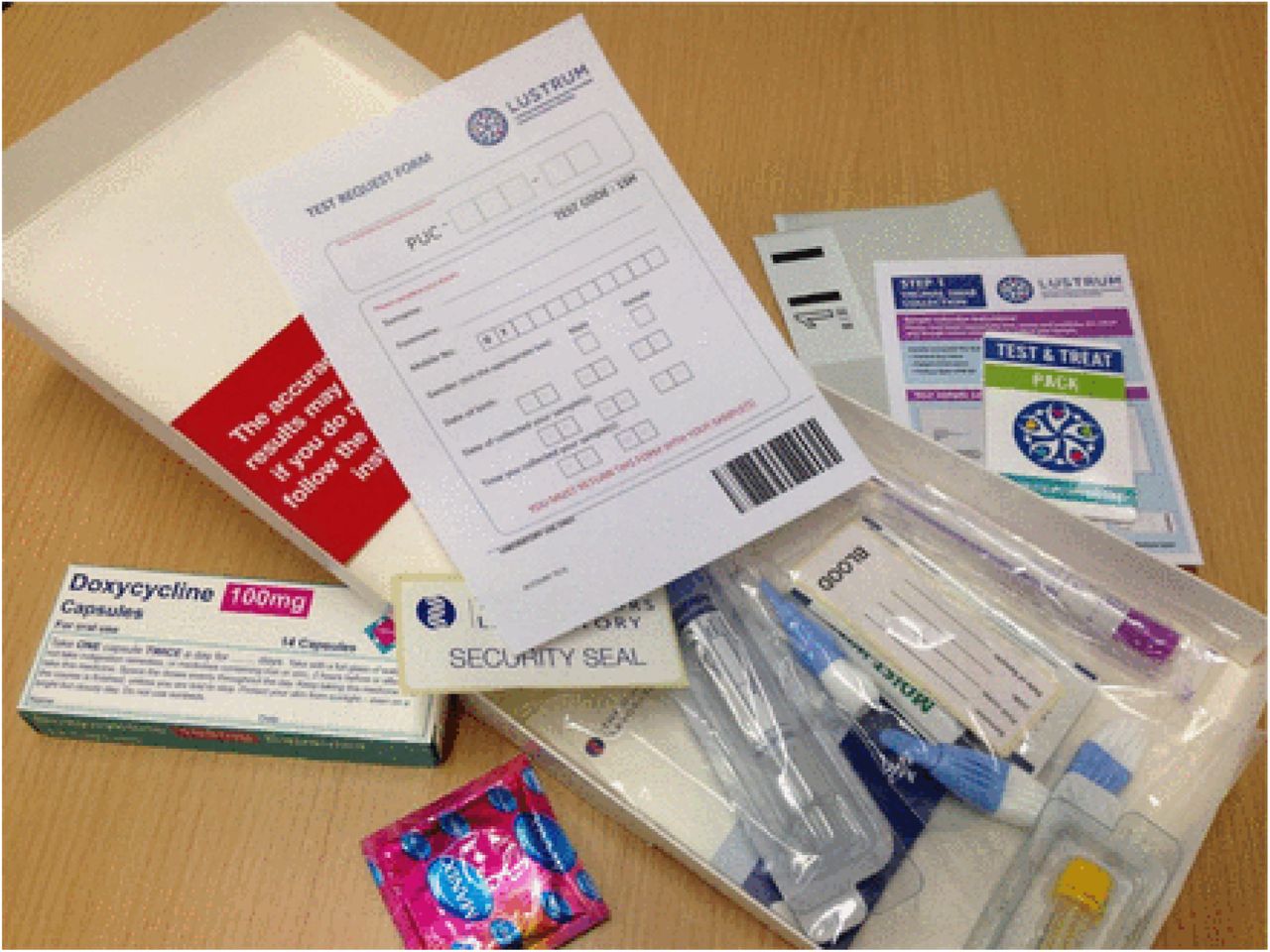 The APT Test and Treat PackThe APT pack is packaged in a plain white box with no markings or identifiers and contains: antibiotics; condoms; Limiting Undetected Sexually Transmitted infections to RedUce Morbidity TEST & TREAT leaflet; vulvo-vaginal swab kit or urine sampling kit; blood sampling kit; instruction leaflet for sampling kits; test request form for sample processing; prepaid return post envelope; security seal sticker; attention card