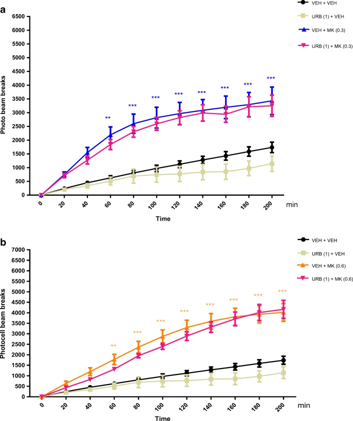 Effects of an acute administration of non-effective dose of URB-597 (URB) on the hyperlocomotion induced by MK-801 (MK) administration. URB (1 mg/kg; ip) or vehicle (VEH) was injected 15 min before MK (0.3 mg/kg; ip) (a) or MK (0.6 mg/kg; ip) (b); n = 6–7; the means ± SEM; **p < 0.01; ***p < 0.001 for VEH + MK (0.3) vs. VEH + VEH; **p < 0.01; ***p < 0.001 for VEH + MK (0.6) vs. VEH + VEH; Tukey’s test