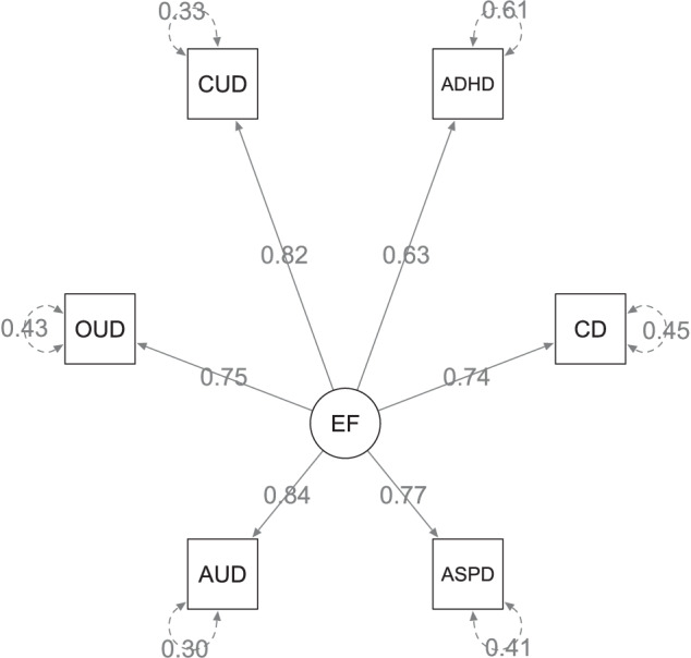 Path diagram for the externalizing factor (EF) with standardized loadings of attention deficit hyperactivity disorder (ADHD), conduct disorder (CD), antisocial personality disorder (ASPD), alcohol use disorder (AUD), opioid use disorder (OUD), and cannabinoid use disorder (CUD).The rectangles symbolize the indicators, the latent common factor is presented as circle. Single headed arrows indicate the direction of the regression effect with the standardized loadings. Double headed arrows reflect standardized residuals.