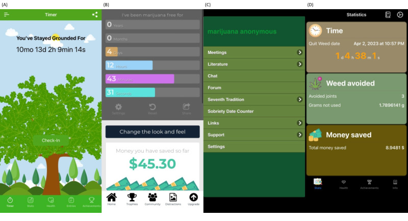 Visual overview of the 4 mobile apps included in the analysis. (A) Grounded–Quit Weed, (B) Marijuana Addiction Calendar, (C) Marijuana Anonymous, and (D) Quit Weed.