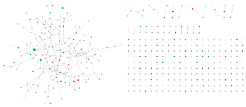 PPI network of genes within CNVs mapped on network A. Red: score 1, green: score 2, blue: score 3. The node size is proportional to betweenness centrality.