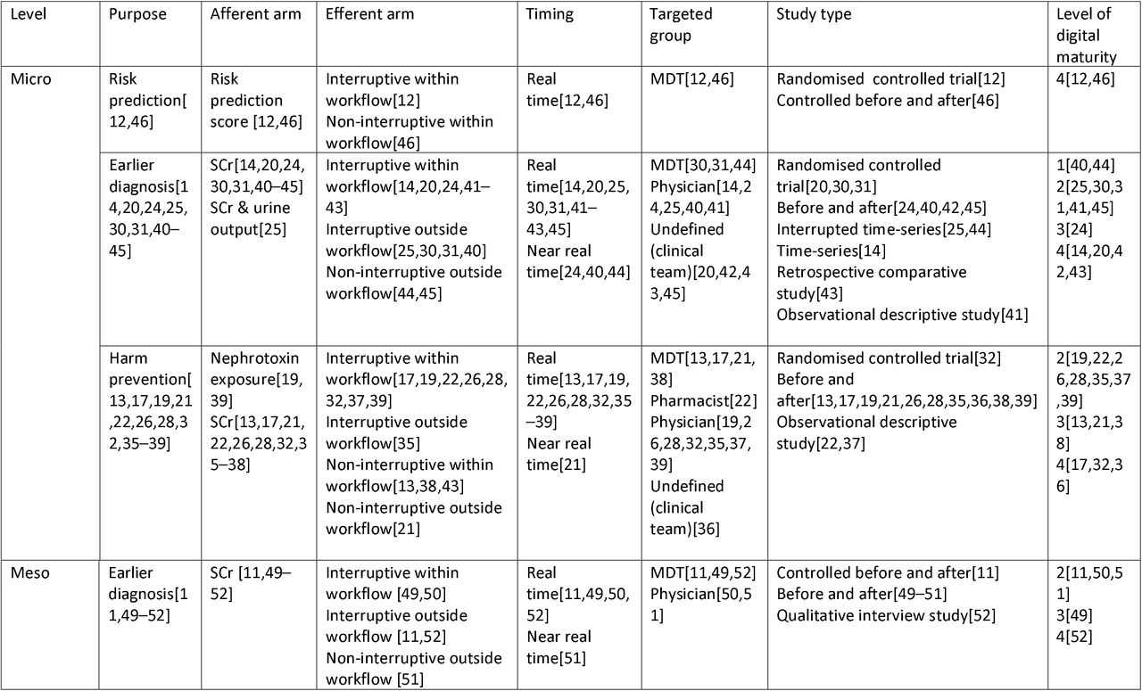 Thematic analysis of studies classifying the afferent arm, efferent arm, timing, targeted group, study type and level of digital maturity.