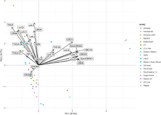 Loading plot (biplot) for the PCA of the targeted workflow. Eigenvectors are indicated by black arrows. The length and direction of these eigenvectors correspond to their contribution to the dimensions PC1 and PC2. Besides cannabinoids of the CBD family, 6,7-epoxy-CBGA isomers 1 and 2 were found to be highly indicative of the varieties Pot of Gold and Pot of Gold nr. 11. Note: “unkw.” stands for “unknown compound,” EpoxyCBGA1 = 6,7-epoxy-GBGA isomer 1, EpoxyCBGA1 = 6,7-epoxy-GBGA isomer 2