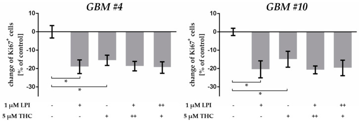 Co-stimulation of THC and LPI. In comparison to THC- and LPI-treated groups, co-application of LPI (1 µM) and THC (5 µM) caused no additive effects, regardless of the order of 15 min pre-treatment (++) with THC or LPI. Data are means ± SEM of N = 3 independent experiments performed in duplicate. Significance was chosen for p < 0.05. The asterisk denotes significant results regarding the respective measurement indicated with the bar.