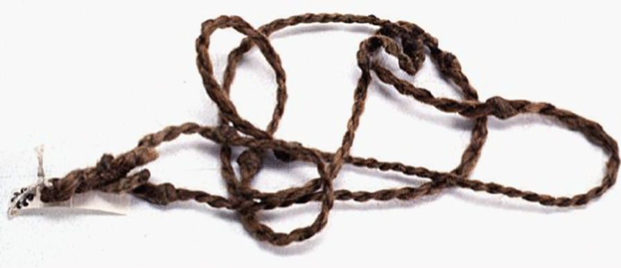 Loptuq protective amulet made of camel wool yarn. “The evil spirits must be afraid of camels. The mullah priest [prayer leader] tied eight knots on the string, then gave it to the boy to wear around his neck”, Georg Söderbom noted. Collected by Georg Söderbom in Charchak at Kum-darya during the Hedin expedition in May 1934 (Hedin-Bendix Collection, Museum of Ethnography, Stockholm)