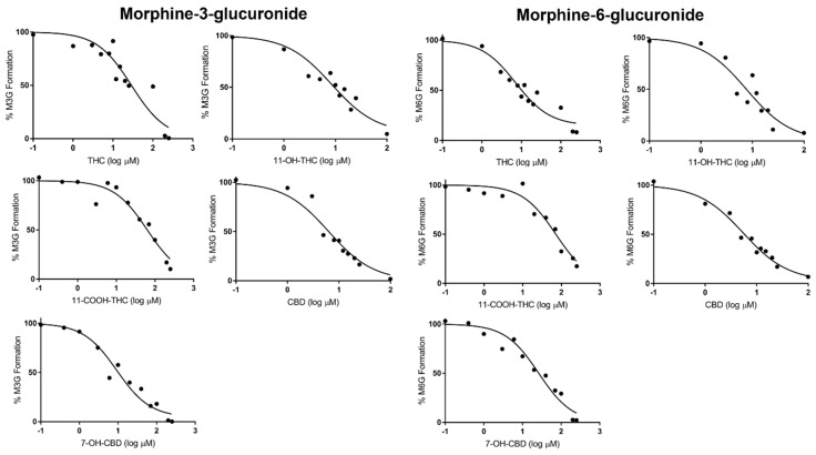 Representative IC50 curves in rUGT2B7 microsomes against morphine-3-glucuronide and morphine-6-glucuronide formation.