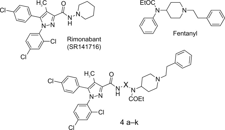 The designed multiple ligands are based on the CB1 cannabinoid receptor inverse agonist/antagonist rimonabant (SR141716) (Sanofi, Paris, France) and the μ opioid agonist fentanyl.13 X represents an n-alkyl chain from propyl to dodecyl, 1,3-phenyl, 1,3-benzyl, or biscyclohex-4-ylmethane.