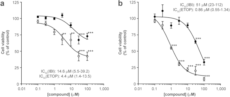 Ibipinabant-induced cytotoxicity in C2C12 myoblasts after 24 and 48 hours exposure.The number of cells was determined after 24 (A) and 48 (B) hours exposure of C2C12 myoblasts to increasing ibipinabant (•) concentrations. As a positive control, cells were exposed to etoposide (◦), a known inducer of mitochondria-mediated cell death. Cell viability was determined as the percentage of cells compared to vehicle control. Statistical analysis: one-way ANOVA with Dunnett’s post hoc analysis was applied to compare values to vehicle control **p < 0.01, ***p < 0.001. Mean ± SEM; n = 18 (3 independent experiments); IC50 values are plotted as mean with 95%-CI.