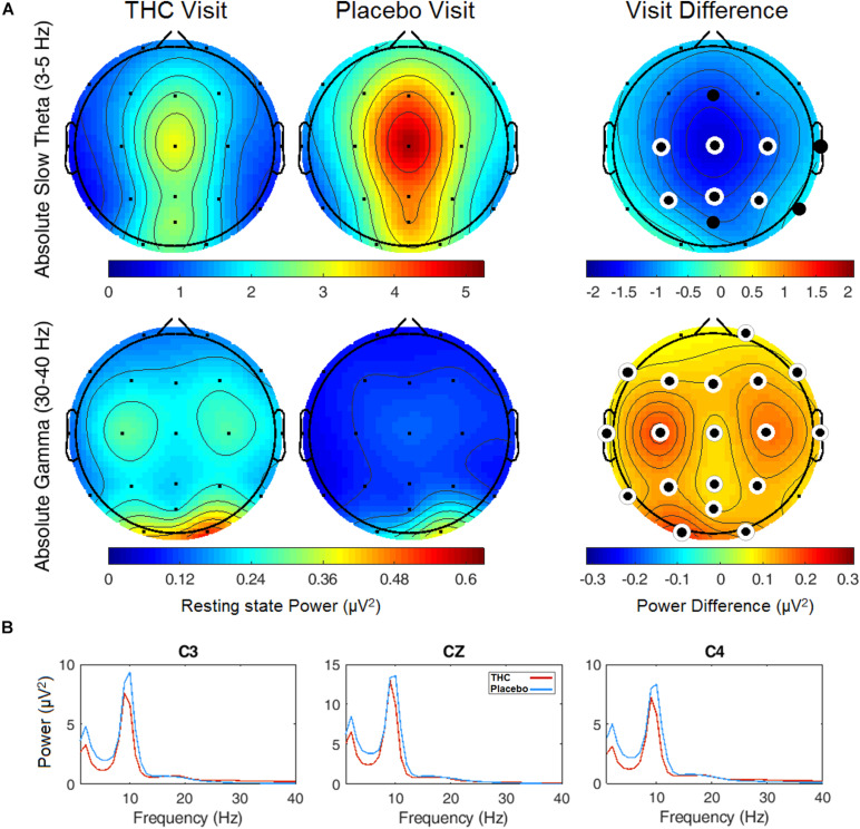 Resting state eyes closed by visit. THC visit associated with spectral power decreases at slow frequencies and increases at fast frequencies. (A) Topographic maps where significant differences after FDR correction for multiple comparisons are marked with white rings. Visit differences at slow Theta were significant across central and parietal channels (top row). Gamma band spectral power were greater in all channels but Fp1 and T6 for subjects during their THC visit (bottom row). (B) Power spectral densities at central channels. THC visit, red line; Placebo visit, blue line.