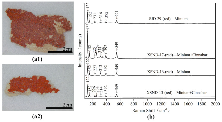 Digital microscopy (DM) of red samples (a1) SJD-29; (a2) XSND-17 and Micro-Raman spectroscopy (b) SJD-29; XSND-17; XSND-16 and XSND-13.
