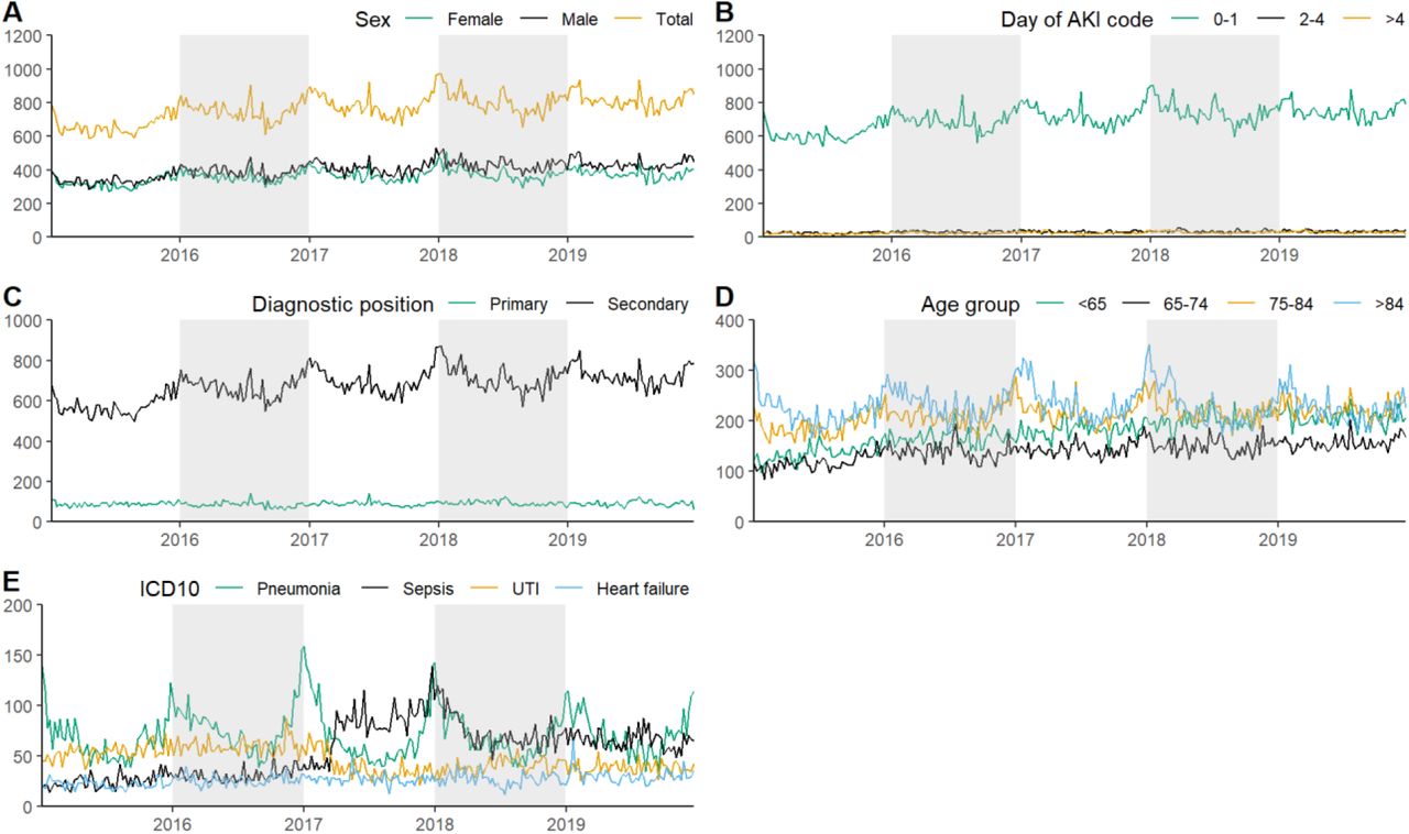 AKI admissions in HES-linked CPRD 2015-2029.Time series of weekly AKI admissions, 2015 - 2019, England total and by A) sex of patients B) day AKI code was recorded during the admission C) diagnostic position of AKI record D) age group E) primary diagnosis where AKI was a secondary code during the admission (primary diagnoses displayed make up 30% of all primary diagnoses recorded).
