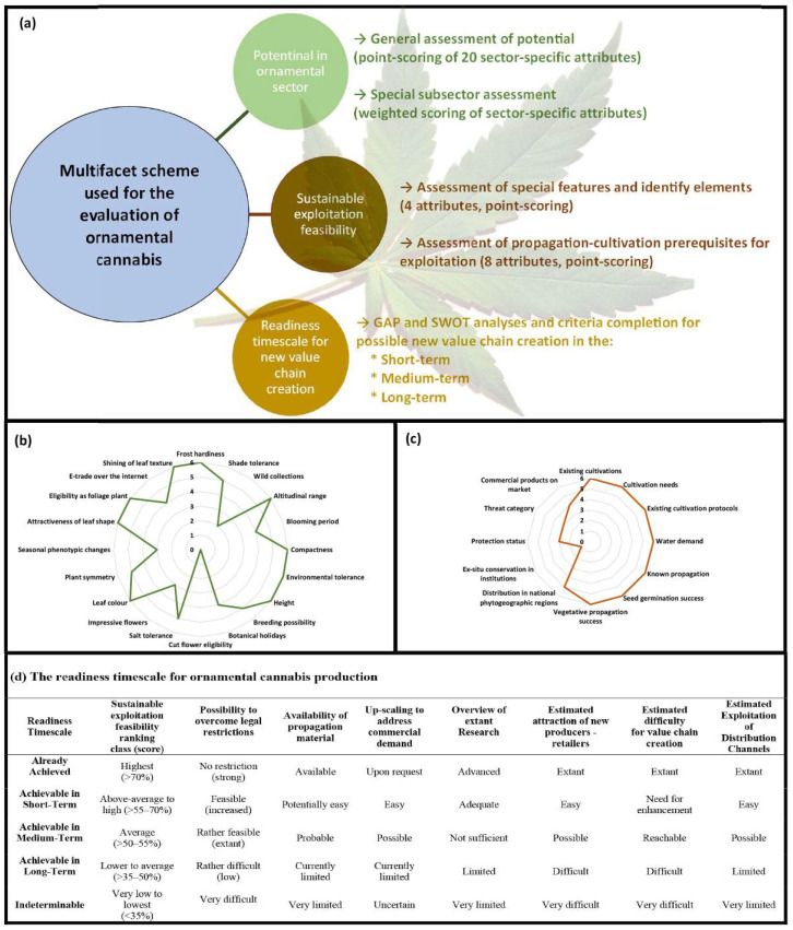 A schematic representation of the methodology for evaluating cannabis to introduce as an ornamental crop. (a) simplified schematic view of the multifaceted criteria at three levels for assessing cannabis in the ornamental industry, (b) evaluation of cannabis ornamental potential based on twenty attributes, (c) evaluation of cannabis sustainable exploitation feasibility based on twelve attributes, and (d) requirements of the readiness timescale for ornamental cannabis production.