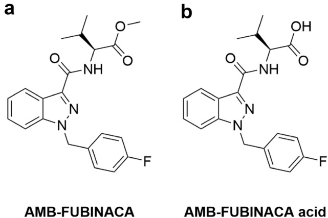 Chemical structures of a AMB-FUBINACA and b AMB-FUBINACA carboxylic acid metabolite