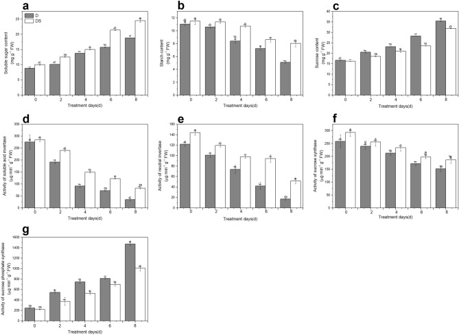 Uniconazole-induced carbon metabolism-related indicators as soluble sugar content (a), starch content (b), sucrose content (c), activity of soluble acid invertase (d), activity of neutral invertase (e), activity of sucrose synthase (f) and activity of sucrose phosphate synthase (g) under drought stress. All data are presented as the means ± standard errors (n = 4). D and DS expressed as treatments under drought stress and drought stress + uniconazole, respectively.