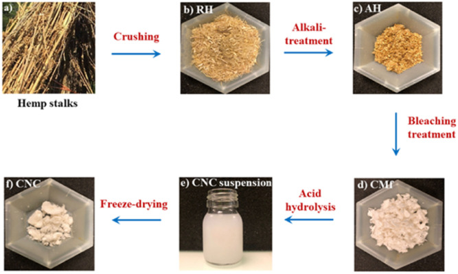 General steps of CMf and CNC extraction with (a) Hemp stalks, (b) RH, (c) AH, (d) CMf, (e) CNC suspension and (f) freeze dried CNC.