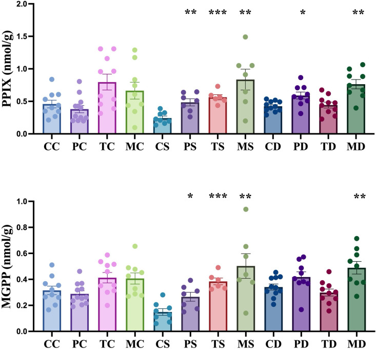 Impact of endophytic fungi on the concentration of protoporphyrin (PPIX) and magnesium protoporphyrin (MGPP) in hemp leaves under non-stress, salinity and drought stress conditions.The first letter; C = control, no fungus, P = with Pochonia chlamydosporia, T = with Trichoderma harzianum, M = with Metarhizium robertsii. The second letter; C = control, non-stress, S = salt stress, D = drought stress. Data were analyzed according to the description of statistical analysis. Statistical differences are shown; *P < 0.05, **P < 0.01, ***P < 0.001. Asterisk indicates significant differences in the tested group when compared to that of the un-inoculated control under the same conditions. The dots represent results of the individual biological replicates. Error bars represent standard error of the means.