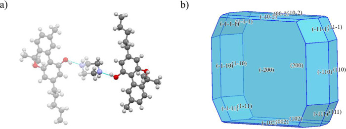 Crystal structure of CBN-PI Form II: (a) unit cell and (b) calculated crystal shape.