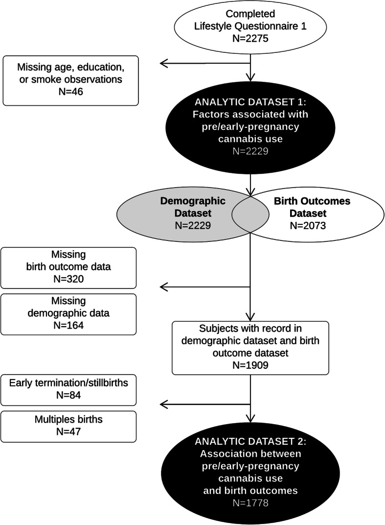 Flowchart of exclusion criteria applied to create analytic datasets