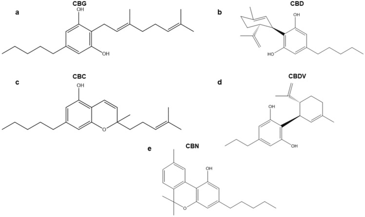 Chemical structures of cannabigerol (CBG) (a), cannabidiol (CBD) (b), cannabichromene (CBC) (c), cannabidivarin (CBDV) (d), and cannabinol (CBN) (e)