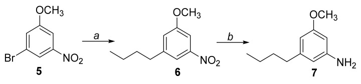 Reagents and conditions: (a) n-Butylboronic acid, Pd2(dba)3, Ruphos, t-BuONa, toluene/H2O (10:1), 80 °C, overnight; (b) Fe0, NH4Cl, EtOH/H2O (2:1), reflux, 3 h.