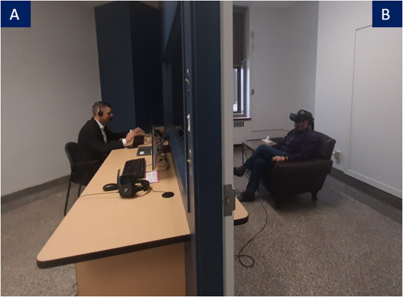 (A) Therapist’s side and (B) participant’s side. The participant, wearing a VR headset and noise-cancelling headphones, sat in an adjacent room and was invited to enter a dialogue with their avatar in the VR environment. The therapist could see the participant through a 1-way mirror. Explicit consent was obtained from the individuals in this figure to use their image for publication. VR: virtual reality.