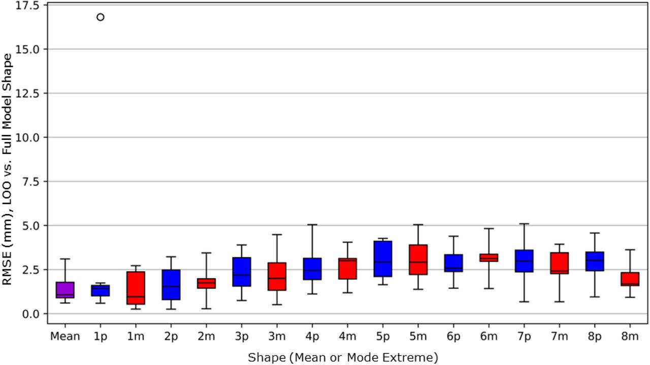 Variation of the leave one out (LOO-SSM), coloured for correspondence with Figure 6: mean (purple) and mode shapes from the full model. p indicates ‘plus’, 97.5%ile in red, and, m denotes ‘minus’, 2.5%ile in blue. Normalised data rescaled back to actual size for expression in mm.