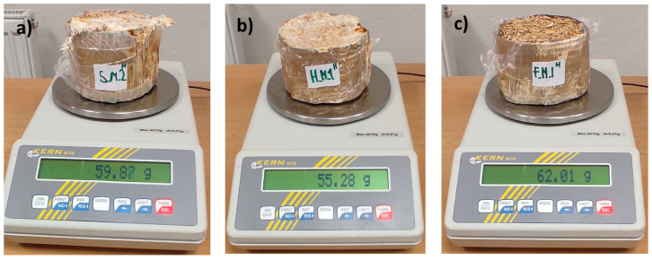 Representative samples of wheat-based (a), hemp-based (b) and flax-based (c) composites binded with a fungal mycelium after drying.