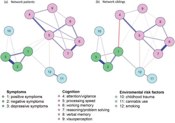 Network Visualization of (A) Patients and (B) Siblings. Positive Edges Are Shown in Blue, and Negative Edges Are Shown in Red. A Stronger Partial Correlation Is Represented by a Thicker, More Visible Edge. To Increase Readability, We Have Renamed Some of the Variables. Attention/vigilance Represents the Measure of the Continuous Performance Test, Processing Speed Is Measured With the WAIS-III Digit symbol Substitution, Working Memory Is Measured With the WAIS-III Arithmetic, Reasoning/Problem Solving Is Measured With the WAIS-III Block Design Test, Verbal Memory Is Measured With the Auditory Verbal Learning Test, and Visuoperception Is Measured With the Benton Facial Recognition Test