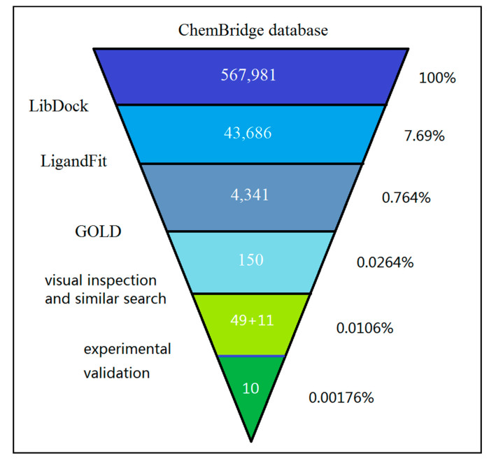 Workflow of the cascade docking virtual screening of ChemBridge database targeting influenza PB2 CBD.
