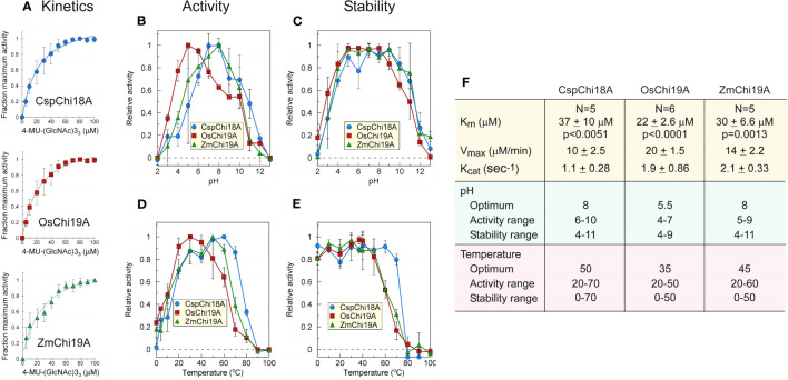 Catalytic activities of ZmChi19A, OsChi19A and CspChi18A using the soluble substrate (NAG)3-MUF. (A) Enzyme activity as a function of substrate concentration. Each curve shows the average of 5-6 independent experiments that were performed with 2 independently expressed and purified preparations of each enzyme (B) Effect of pH on chitinase activity. (C) Effect of pH on chitinase stability. (D) Effect of temperature on chitinase activity. (E) Effect of temperature on chitinase stability. (F) Table of derived kinetic constants. Data for B-E were from 2 independent experiments with enzymes from different expressed and purified preparations, each performed in triplicate. All values shown are the means ± SD.