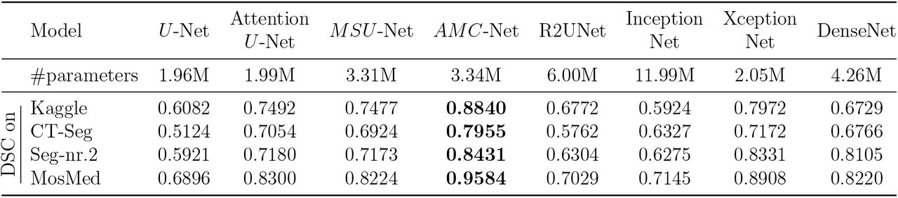 Comparative computational analysis of base model parameters, along with DSC obtained