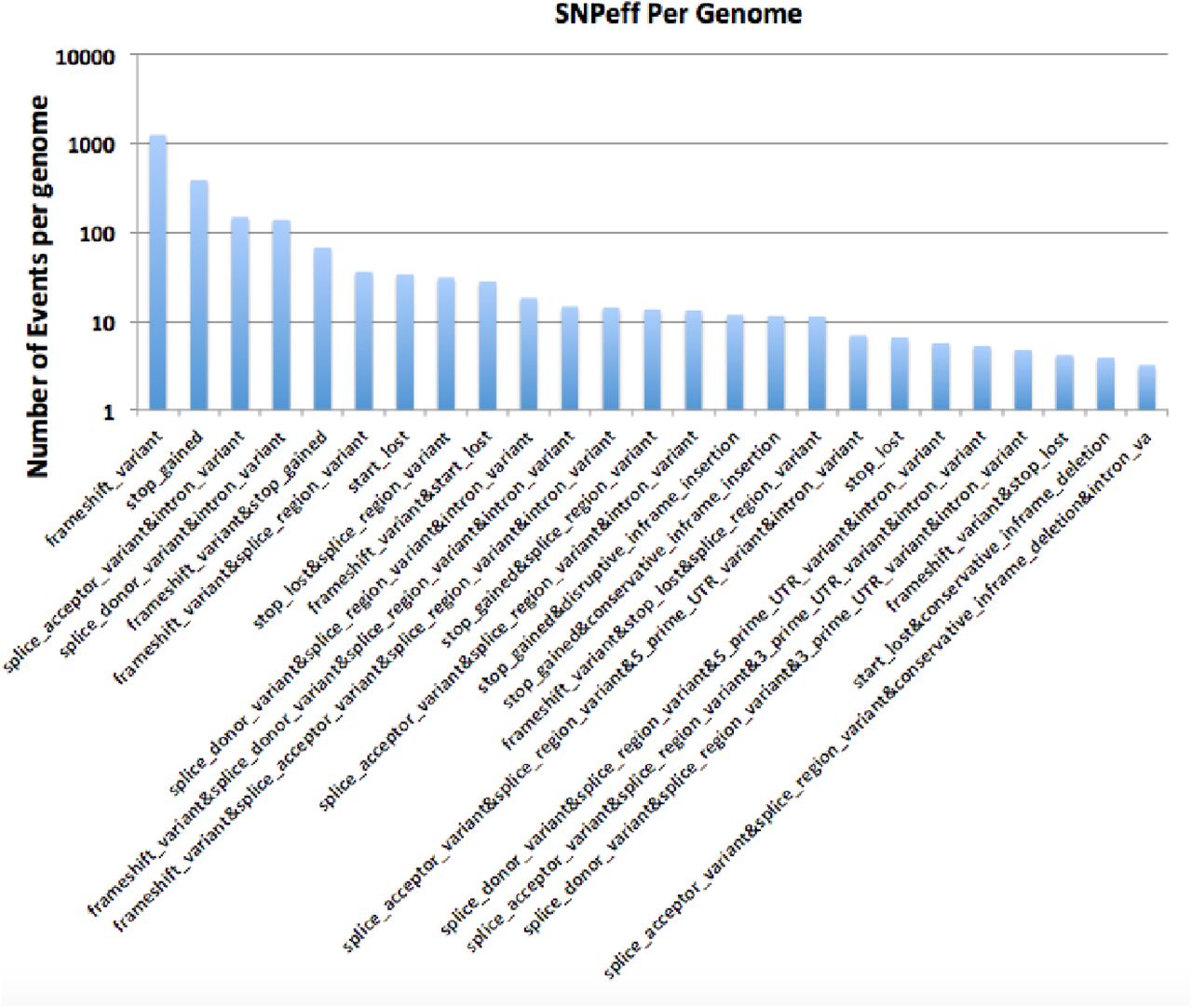 SNPeff calls across the 40 genomes. On average there were over 2,000 high-impact variants per genome (91,144 high impact variants divided by 40 genomes).