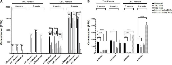 Specific terpenoids are increased following fertilization. (A) α-, β-, and γ-Eudesmol and (B) Linalool concentrations in THC-rich and CBD-rich females at 6-weeks and 8-weeks after fertilization (n = 2–3, except THC-female fertilized by induced male (THC) at 6 weeks). Statistically significant differences between treatments and control (unfertilized) were calculated by two-way ANOVA followed by Dunnett’s multiple comparison test (*p ≤ 0.05; ****p ≤ 0.0001).
