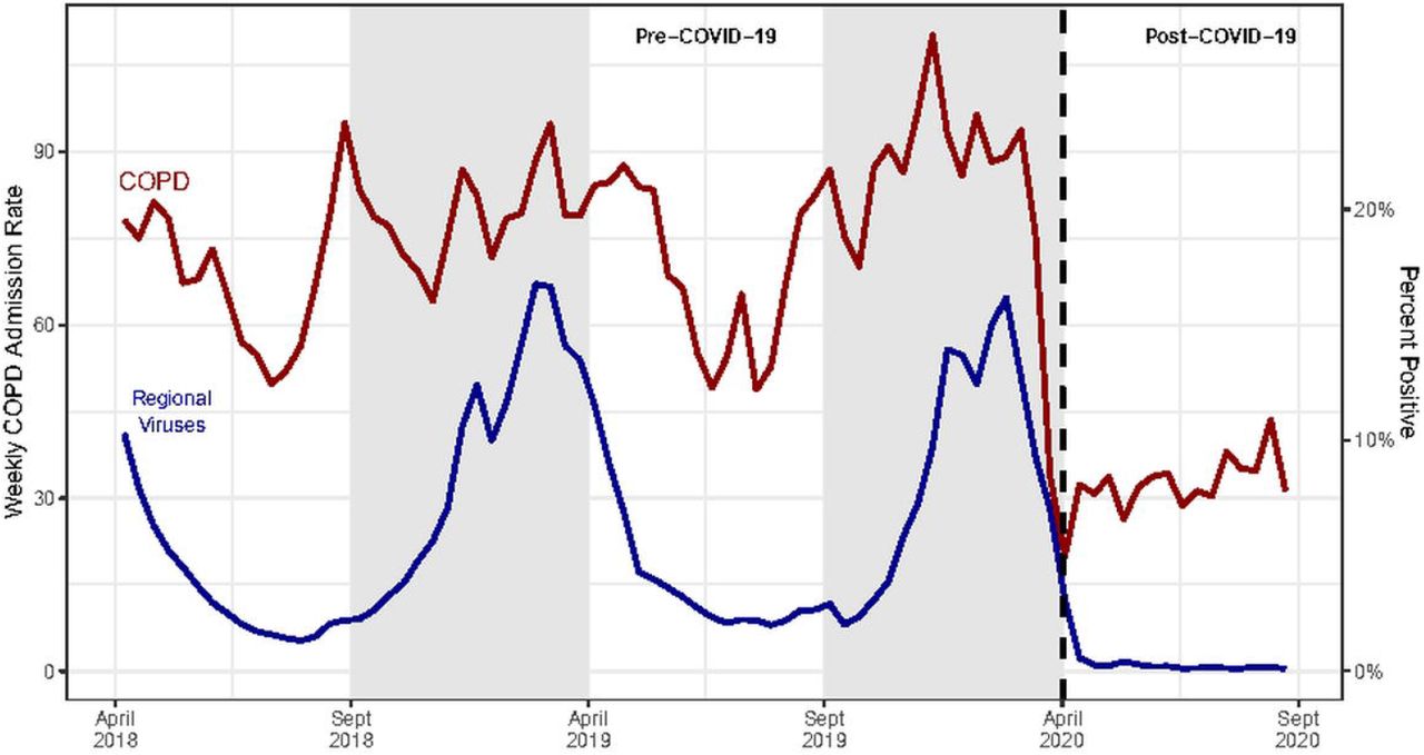 Weekly COPD Admissions Rates and the Percent Positive for Regional Non-SARS-COV2 Human Coronavirus and Statewide Human Metapneumovirus.COPD admission and viral data are reported from April 1, 2018 through September 30, 2020. Community viral testing positivity rates were obtained from the Centers for Disease Control and Prevention (CDC) for the Southern and Mid-Atlantic Regions. Viruses include influenza, parainfluenza, respiratory syncytial virus, human non-SARS coronaviruses, and human metapneumovirus. Admission rates for COPD correlated to community viral percent positivity (r=0.64, 95% CI: 0.57 to 0.69).