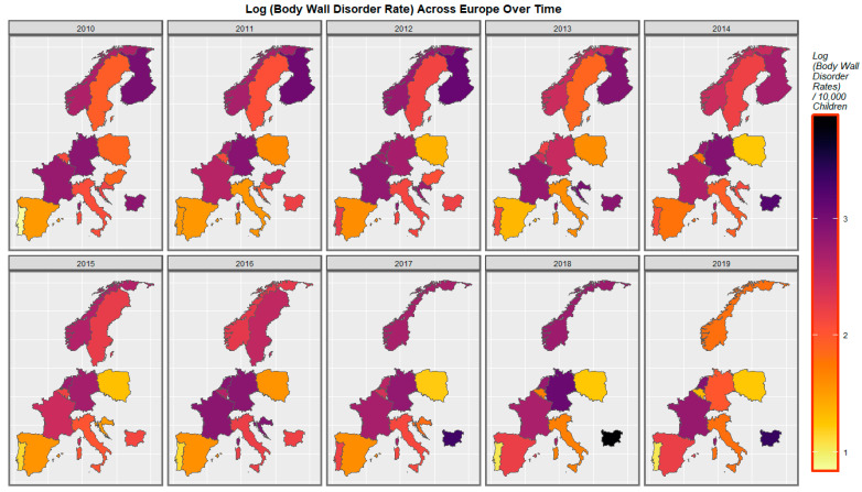 Sequential map-graph of body wall anomalies across selected European nations for each year of 2010–2019.