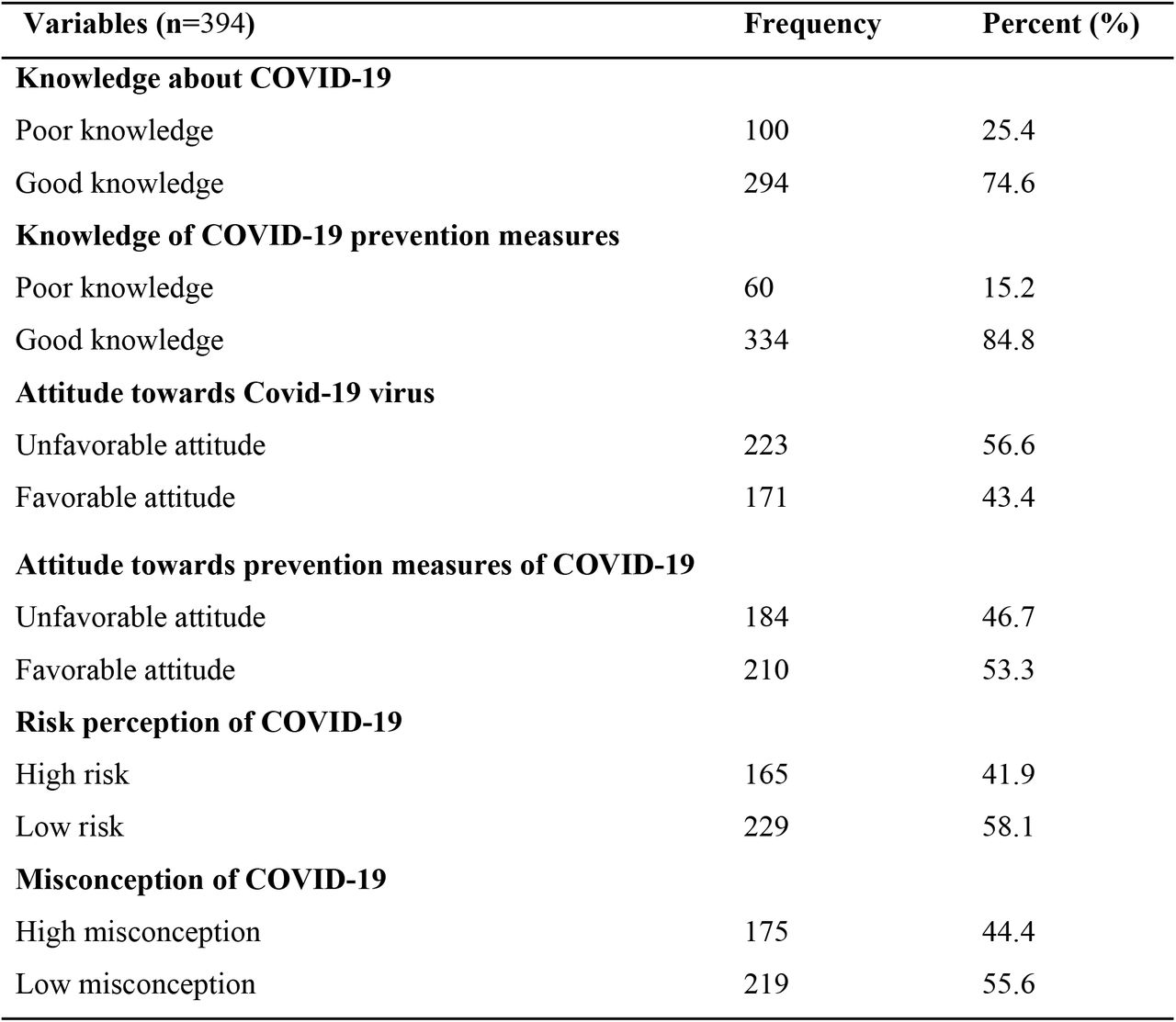 Knowledge, attitude, risk perception, and misconception of the study participants about COVID-19 among government employees in Nekemte town, Ethiopia, 2021 (N=394).