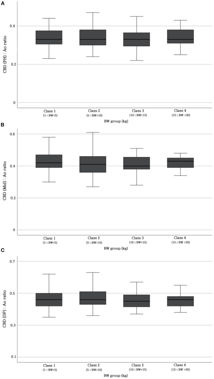 Differences in CBD: Ao ratio at PH level (A), Mid-level (B), and DP level (C) between different BW groups. No significant differences (p > 0.05) are found in the CBD: Ao ratio between the BW groups. Ao, abdominal aorta; BW, body weight; CBD, common bile duct; DP, duodenal papilla; Mid, mid-portion; PH, porta hepatis.